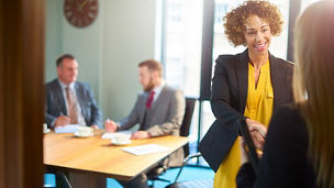 Japanese alt text: 握手する女性とミーティング中の男性