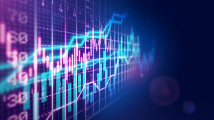 Stock market financial growth chart on dark background.