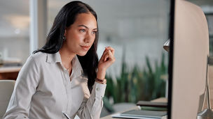 Business, thinking and woman with computer, writing and inspiration with online news and reading a financial blog. Accountant, planning and broker with a pc and notebook with deadline for a project