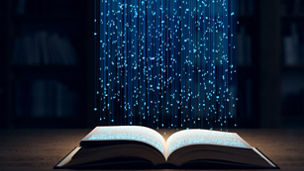 Floating data particles descend into an open book, symbolizing technology-driven education, artificial intelligence, and information exchange.