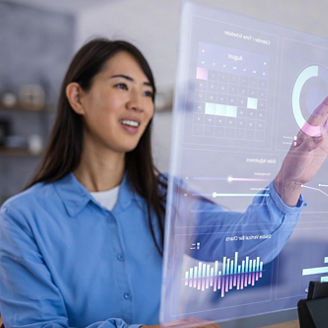 Woman Using Futuristic Transparent Monitor to Control Smart Home System