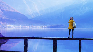 自然の中、橋の上で風景を眺める人