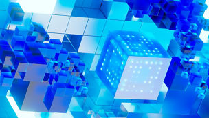 Digital generated image of futuristic cubes connecting. Cloud technology, big data, artificial intelligence concepts or cybersecurity.