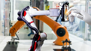 Robotic artificial automated manufacturing smart robot touch screen tablet wireless.