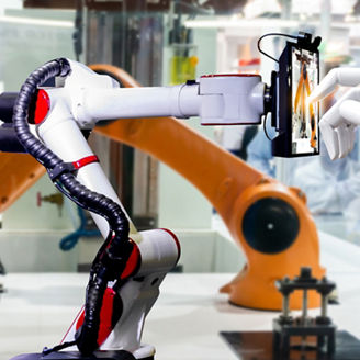 Robotic artificial automated manufacturing smart robot touch screen tablet wireless.