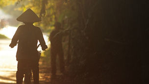 ベトナムの道を自転車で走行する人