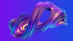 Forma abstrata tridimensional em tons de roxo, azul e dourado sobre um fundo em gradiente azul e violeta.