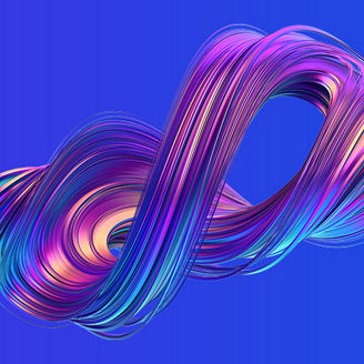 Forma abstrata tridimensional em tons de roxo, azul e dourado sobre um fundo em gradiente azul e violeta.