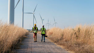 workers walking in windmill field