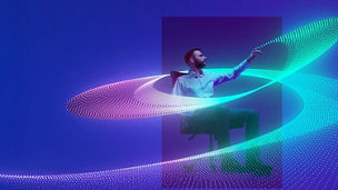 Person engaging with dynamic digital data streams representing AI-enabled workforce transformation.