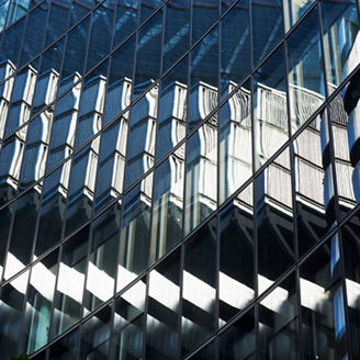 UK, London, low angle view of city financial district modern buildings facades