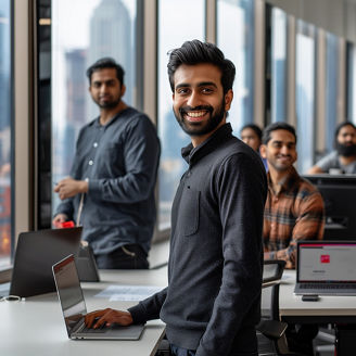 An office with Indian business people, a young businessman standing happily looking at the camera.