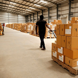 Warehouse, package shipment, freight transportation and delivery concept, cardboard boxes on pallet.