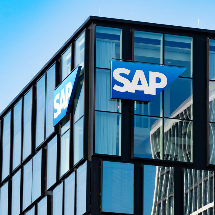 SAP logo on corporate building facade, Global software company headquarters with modern architecture in business district, innovative engineering, Eschborn, Germany - September 1, 2024