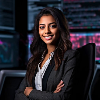 Young Indian Female Executive Sitting In Front of Digital Information Screens - Generative AI.