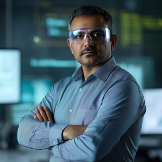 A senior Indian male engineer is confidently posed in a high-tech workspace, showcasing professionalism and expertise amidst advanced technology and equipment.