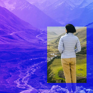 Lady looking at hills purple overlay