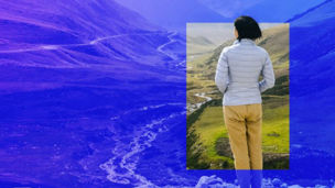 Lady looking at hills purple overlay banner