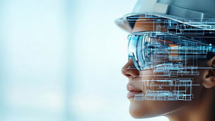 Lady wearing safety gear behind a digital screen