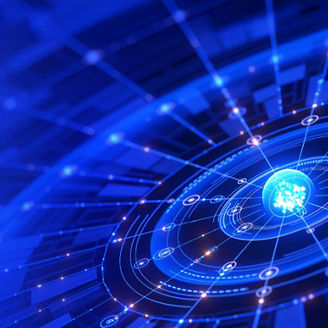 Blue holographic sphere at the centre of converging blue lines  