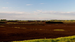 industrial area where mining is carried out in black peat. Photo with a small depth of field. Summer season, blue sky in the background