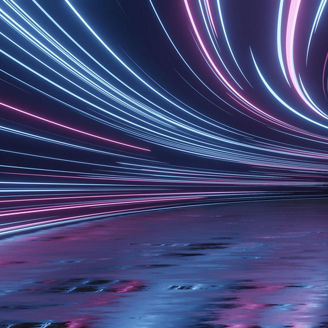 3D Rendering of curved tunnel with led glowing lights on ceiling and reflection from puddle on wet dark street surface. Concept for fast business technology, car advertising background