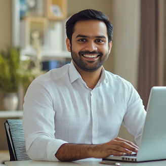 Indian businessman working from home using laptop at home office.