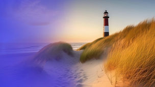 Lighthouse on a beach with sand and grass banner