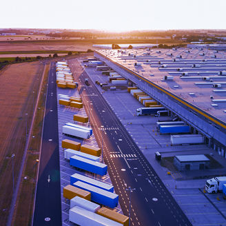 Lorries and containers at the storage area
