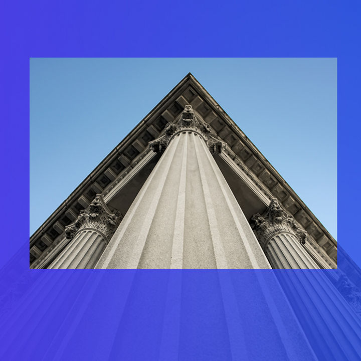 Looking up at law building banner