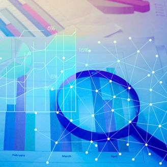 Magnifying glass and documents with analytics data lying on table