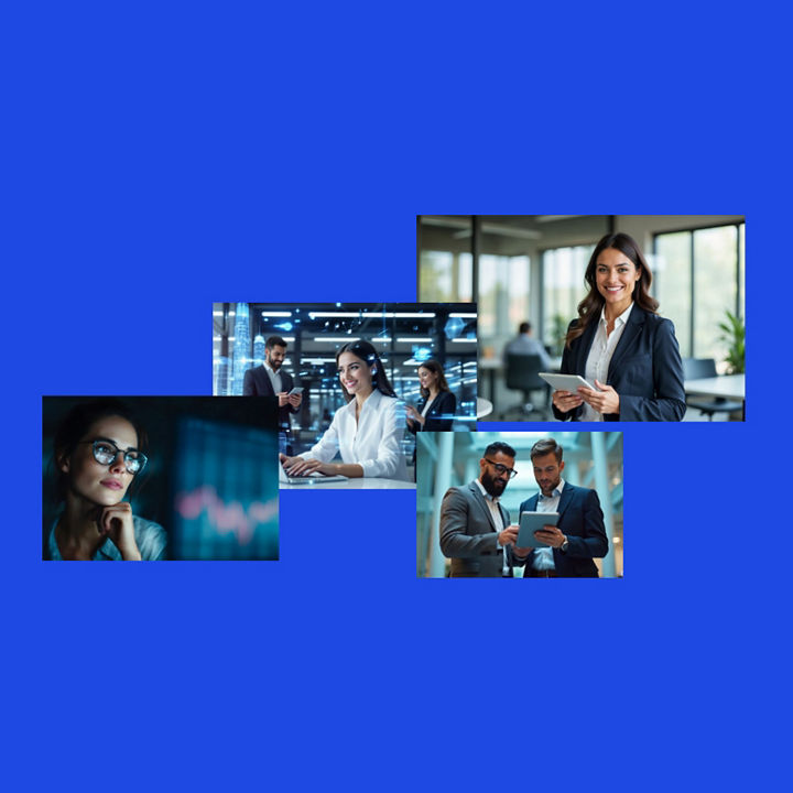 Collage of professionals using laptops and tablets in office and tech settings, arranged on a blue background