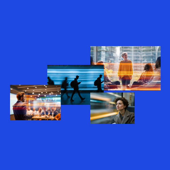 Collage of business scenes including a meeting, presentation, commuters, and a person looking out of a window, arranged on a blue background
