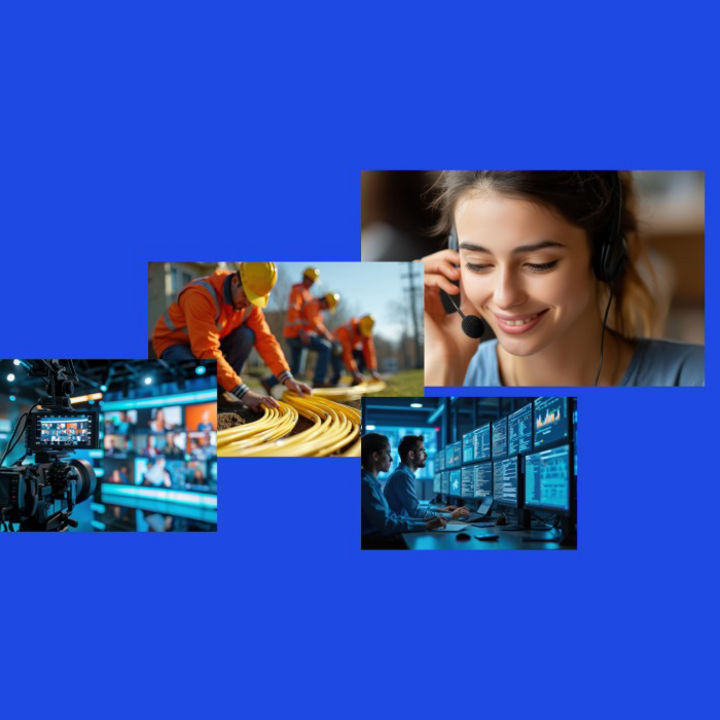 A collection of people style images within TMT applications, with a cobalt blue background