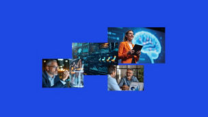 A collection of images with people, technology and data