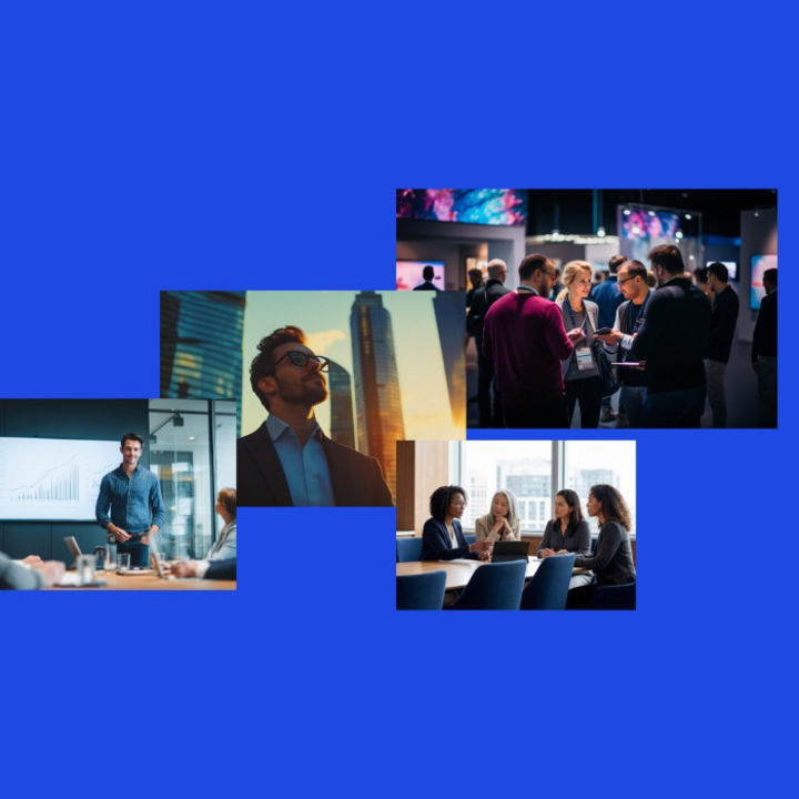 A collection of images of people in professional attire in various business environments