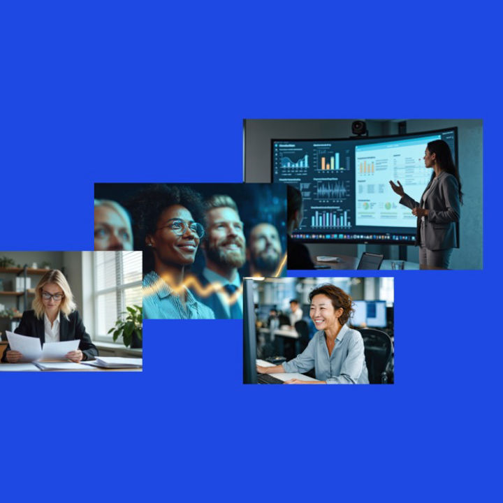 A collection of images with people in professional attire in business environments