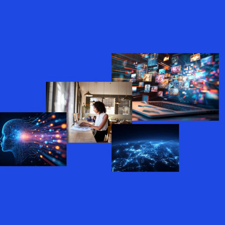 A collection of images with people and technology graphics