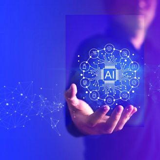 man holding ai symbols