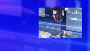 Man looking at numbers on virtual screen banner