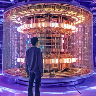 Man looking at quantum banner