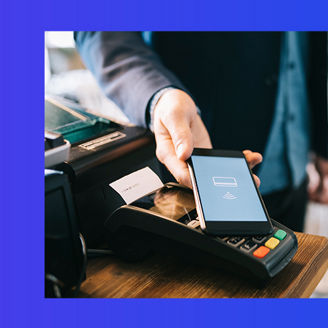 Man paying bill with phone tap banner