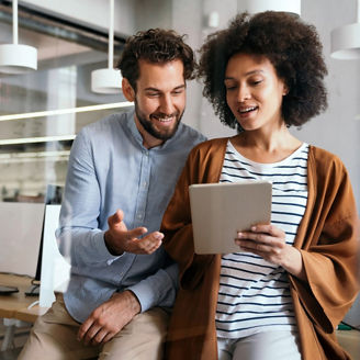 man showing something on screen