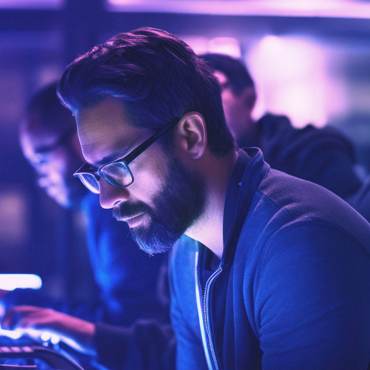 Man with glasses and technologists working on computers
