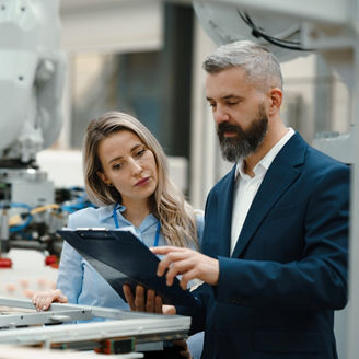 Man woman discussing work
