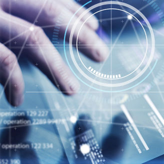 Man working on a project using futuristic digital tablet