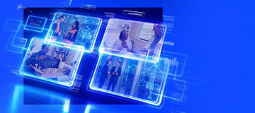 Abstract blue digital interface showing multiple framed scenes of professionals and services, overlaid with data graphics and UI elements
