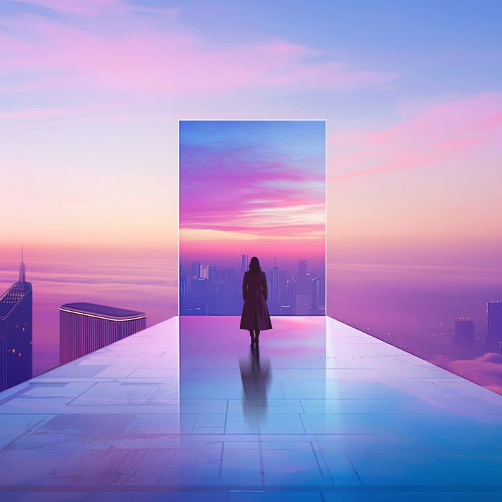 Woman waling into a bright door with a sunset background