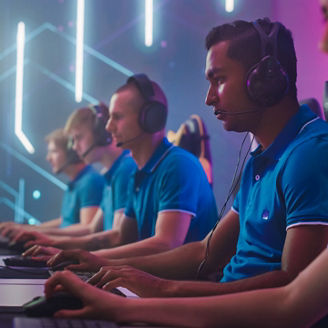 Diverse Esport Team of Pro Gamers Playing in Video Game on World Championship, use Headsets to Talk. Stylish Neon Cyber Games Arena. Online Broadcasting of Tournament Event