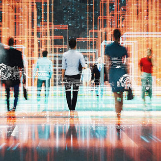 People walk in front of lights